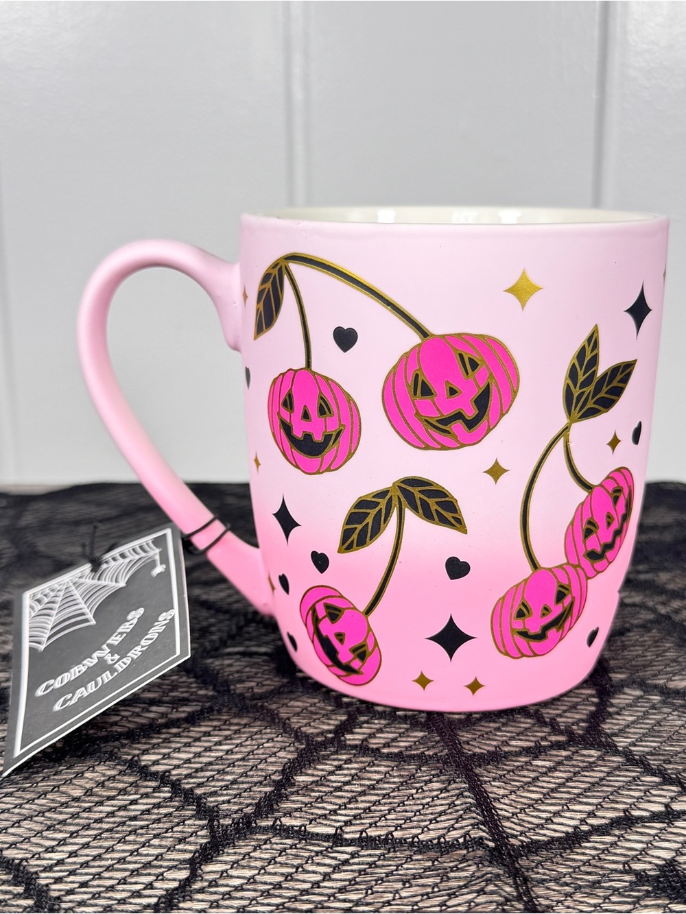 NEW Cobwebs & Cauldrons Pumpkin Cherries Halloween Mug